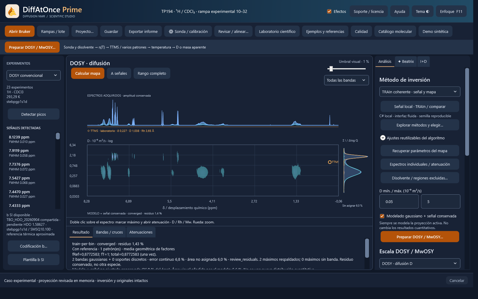 Prime 0.12.5: mapa DOSY experimental guardado en tema oscuro