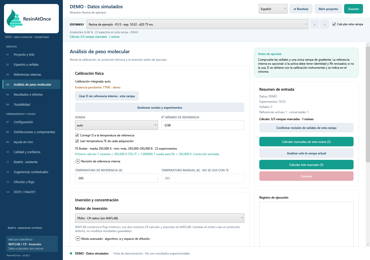 ResinAtOnce 0.45.2 · 07 · Elegir PS, PPG o concentración · Datos simulados