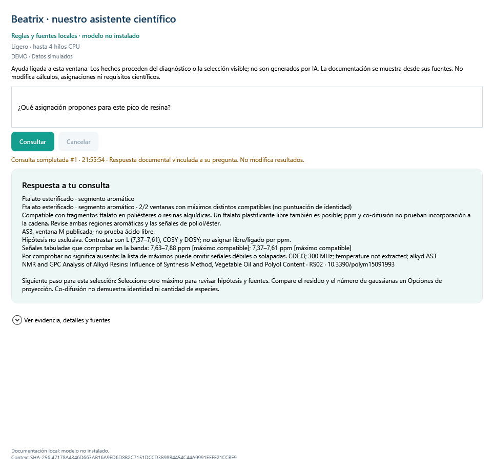 ResinAtOnce 0.45.2 · 13 · Beatrix, fuentes y sugerencias coherentes · Datos simulados
