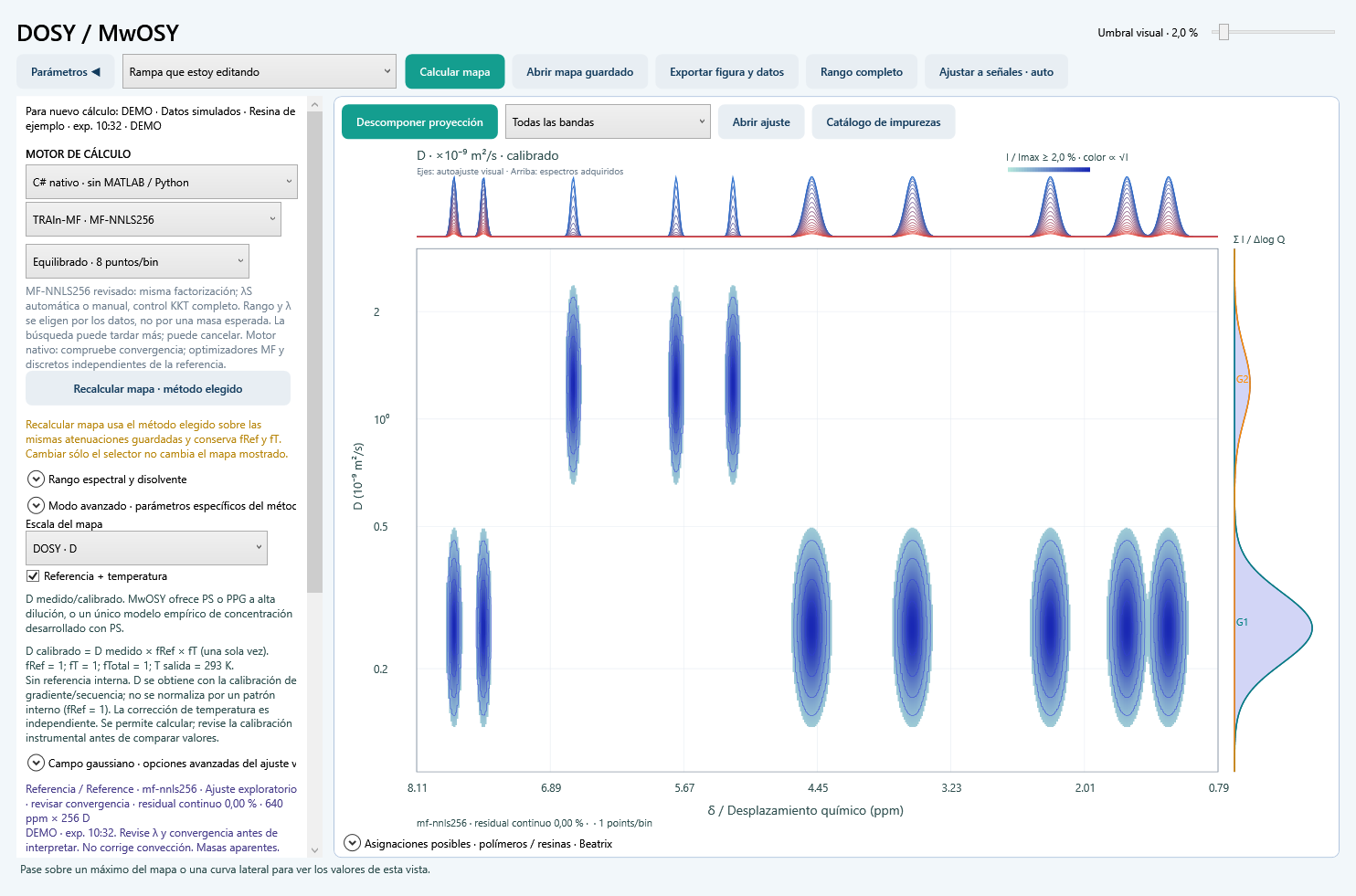 ResinAtOnce 0.45.2 · 11 · Calcular un mapa DOSY / MwOSY · Datos simulados