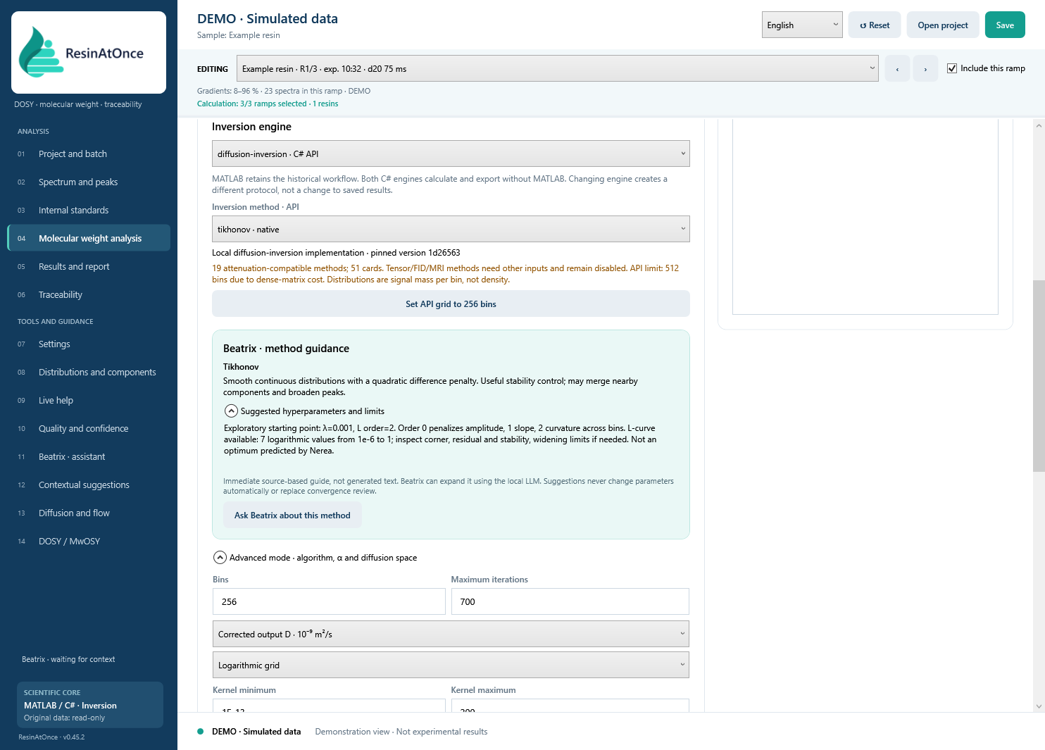 ResinAtOnce 0.45.2 · 08 · Calculating and reviewing inversion · Simulated data