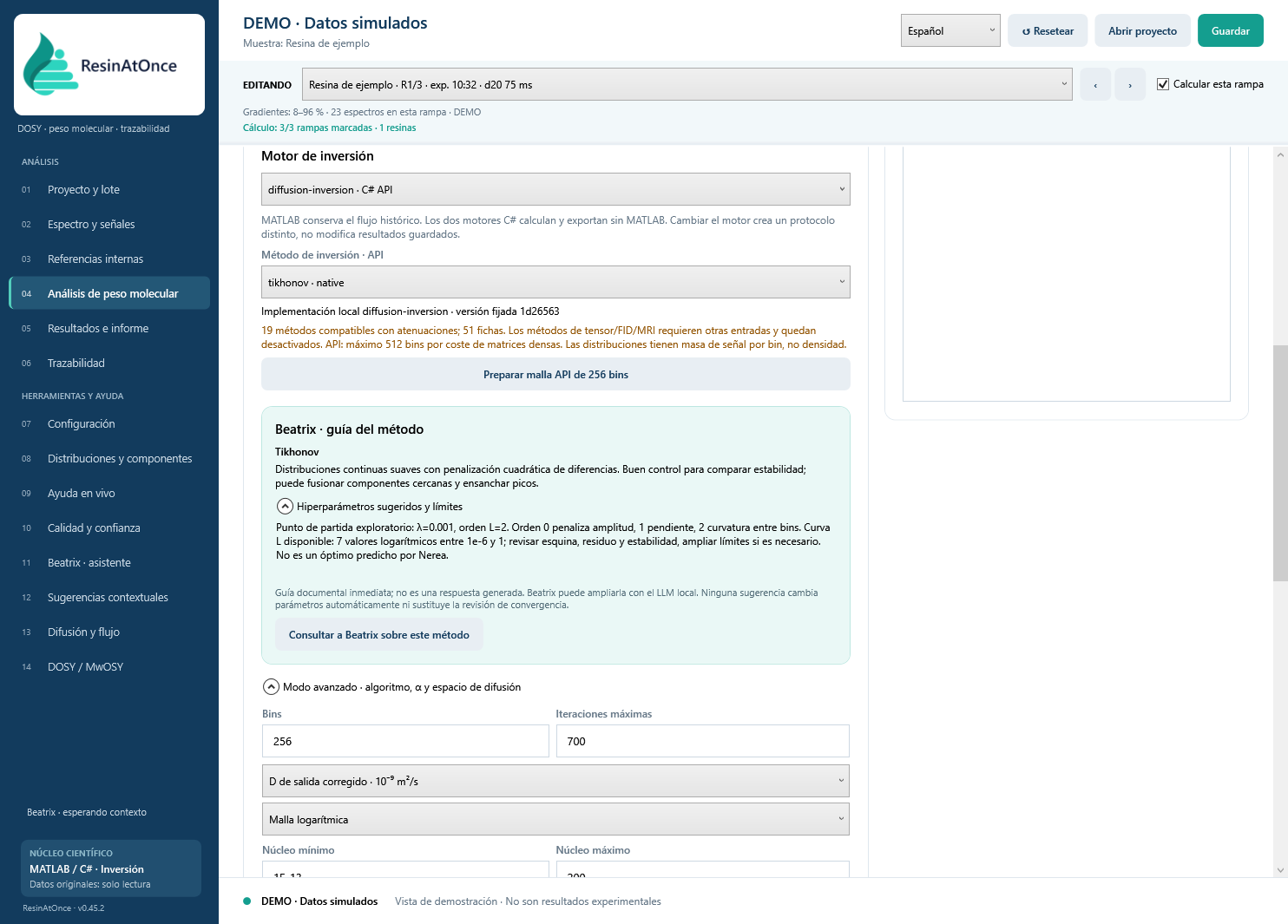 ResinAtOnce 0.45.2 · 08 · Calcular e inspeccionar la inversión · Datos simulados