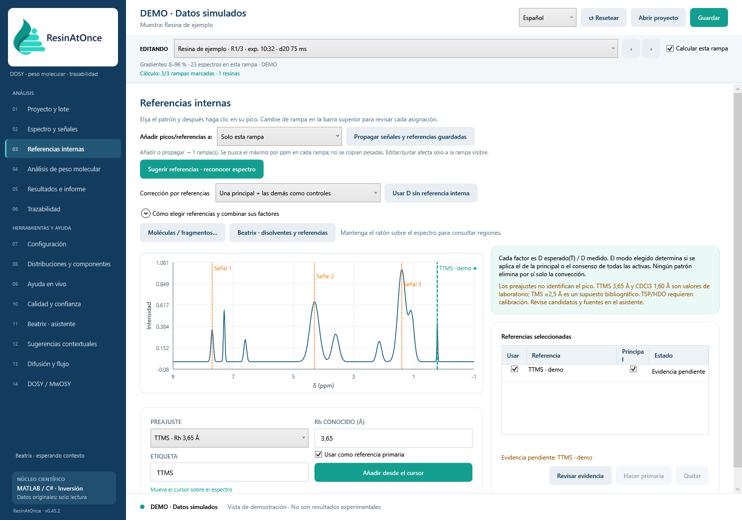 ResinAtOnce 0.45.2 · 05 · Codificación, unidades y temperatura · Datos simulados
