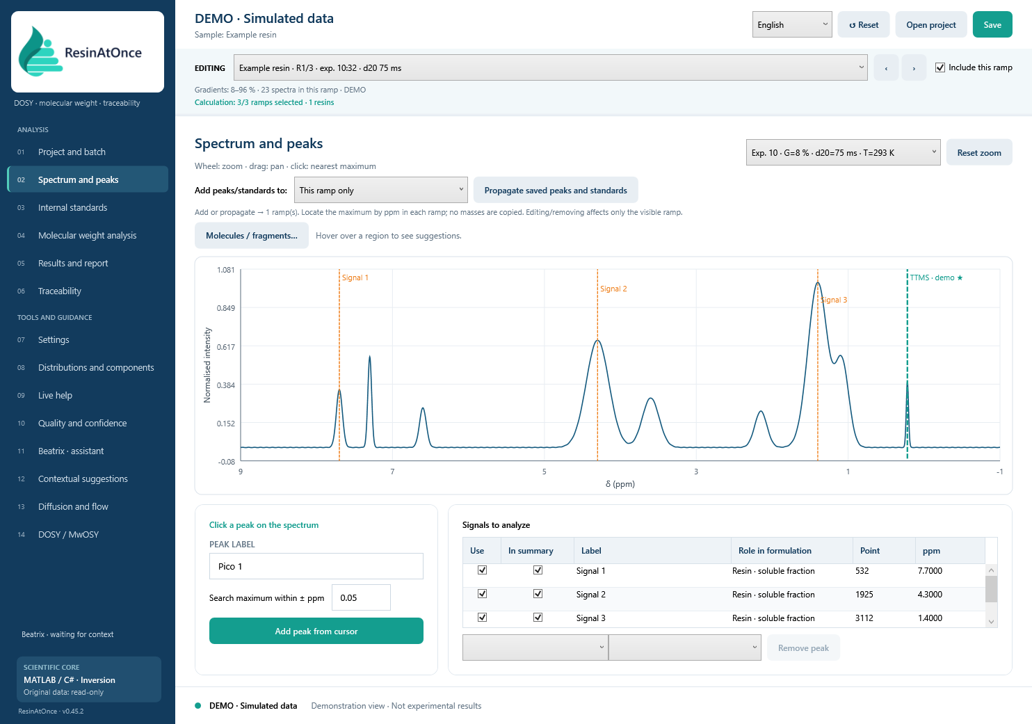 ResinAtOnce 0.45.2 · 04 · Spectrum, signals and role in the resin · Simulated data