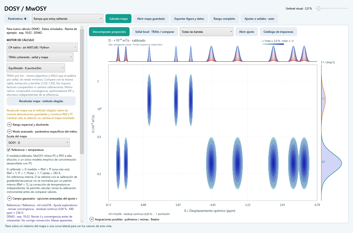 ResinAtOnce 0.48.1 · 11 · Calcular un mapa DOSY / MwOSY · Datos simulados