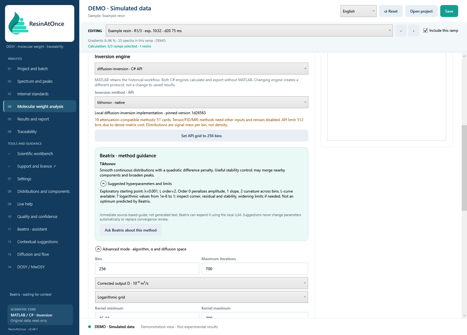 ResinAtOnce 0.48.1 · 08 · Calculating and reviewing inversion · Simulated data