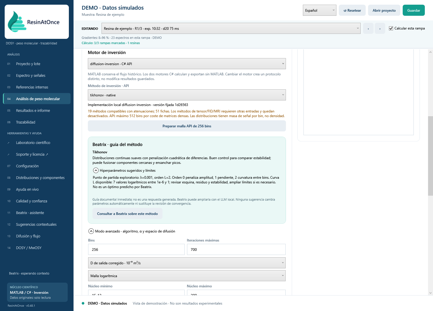 ResinAtOnce 0.48.1 · 08 · Calcular e inspeccionar la inversión · Datos simulados