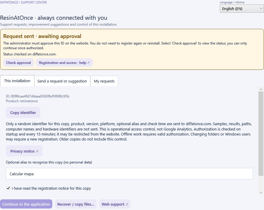 ResinAtOnce 0.50.1 · Visible notice: request sent, approval pending · Interface test with synthetic status