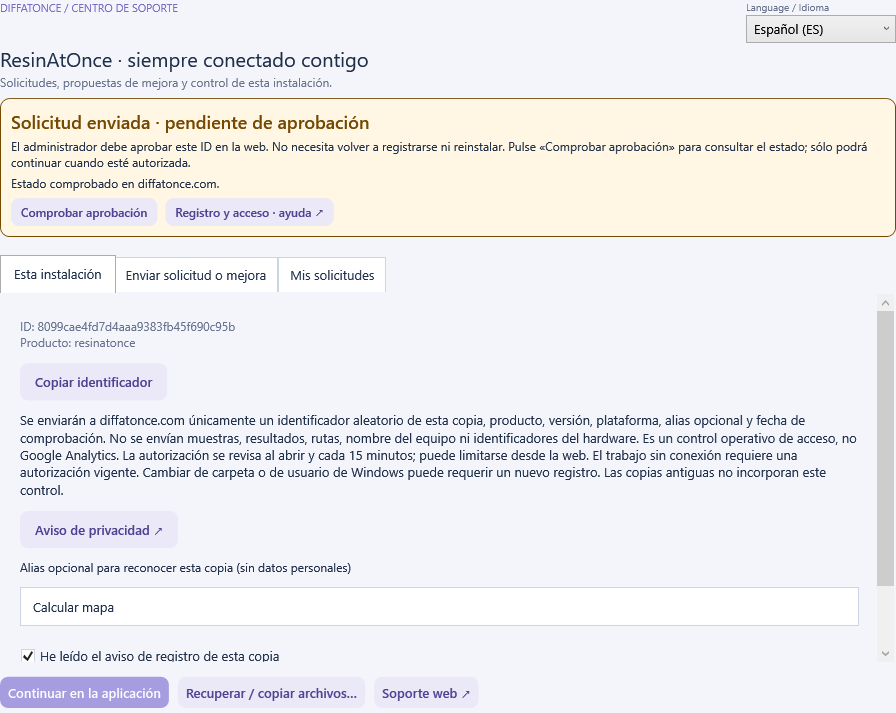 ResinAtOnce 0.50.1 · Aviso visible: solicitud enviada, aprobación pendiente · Prueba de interfaz con estado simulado